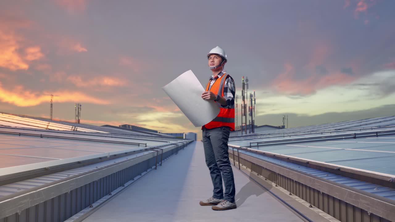 Vista lateral de cuerpo entero de ingeniero asiático con casco de seguridad mirando un plano en sus manos y mirando a su alrededor mientras está de pie e inspecciona paneles solares en la azotea.