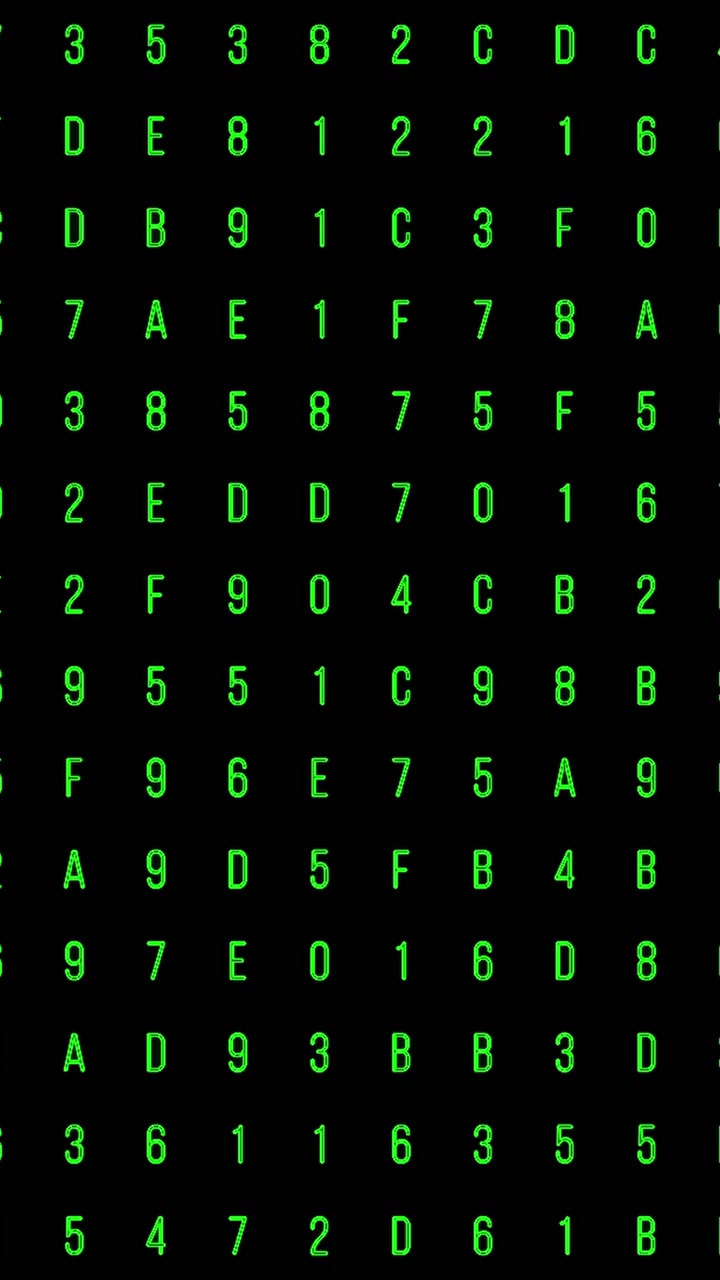 Green hexadecimal characters and numbers changing randomly on digital grid, classic matrix style on black background