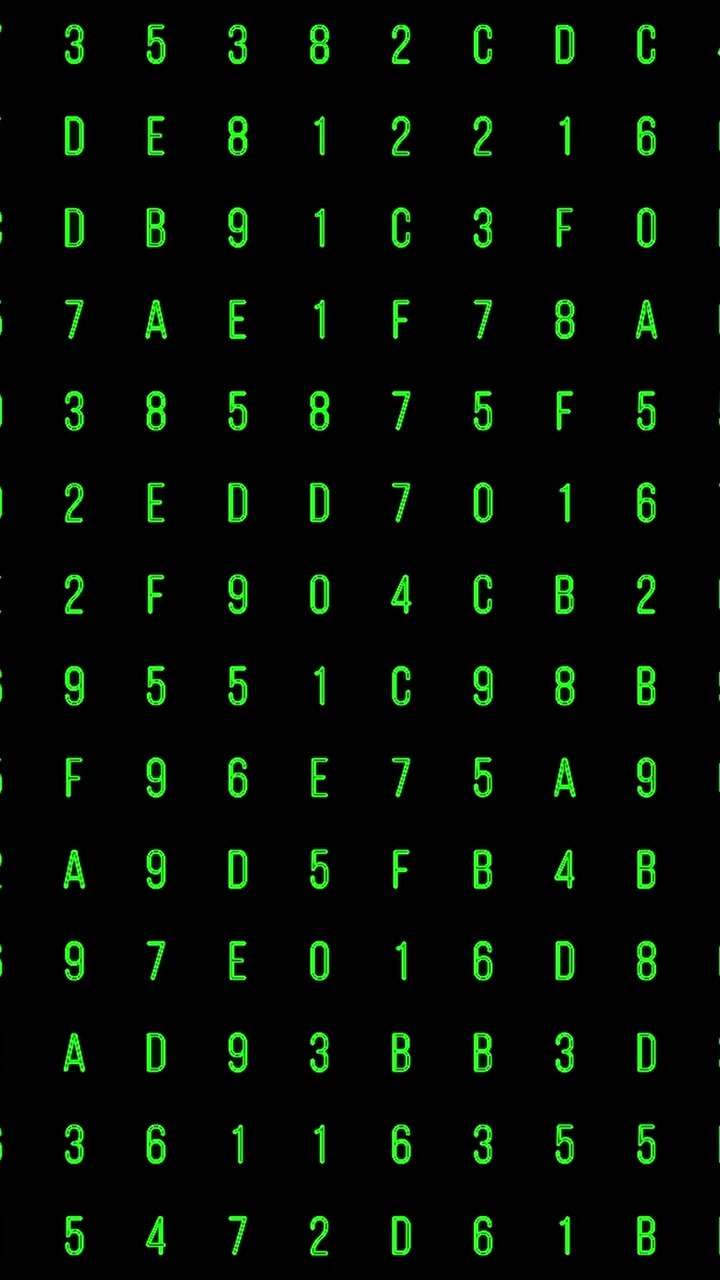 Green hexadecimal characters and numbers changing randomly on digital grid, classic matrix style on black background