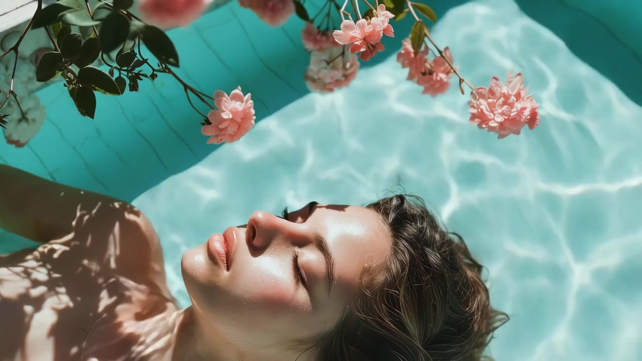 Giovane donna serena che galleggia in piscina con rose e luce solare