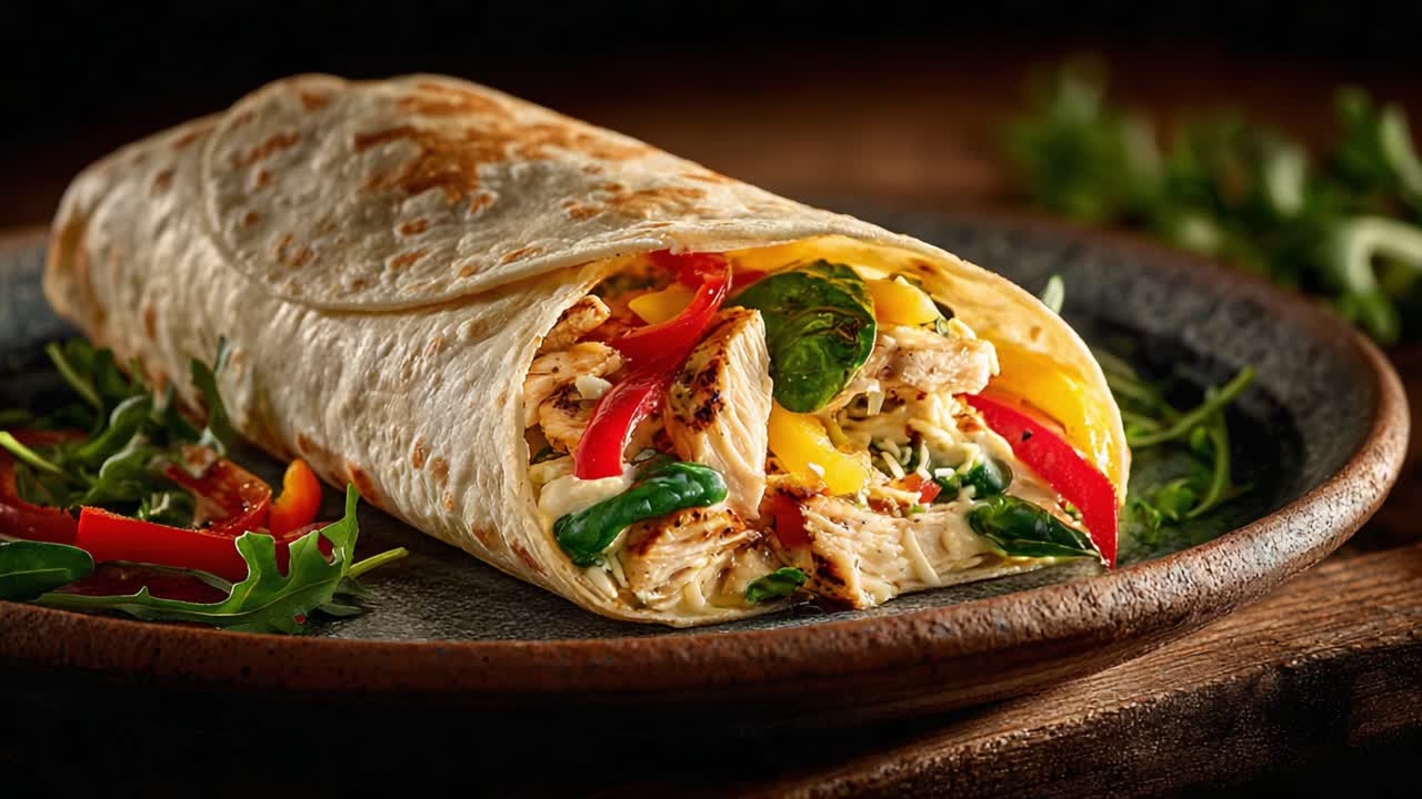 Deliciously Wrapped Chicken and Spinach Burrito Highlighting Fresh Vegetables and Savory Flavors, Perfect for a Quick Meal or Snack Option