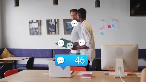 Animation-of-numbers-in-notification-bars,-speech-bubbles,-diverse-coworkers-discussing-reports