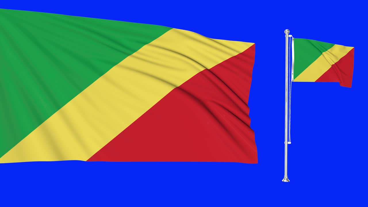 pantalla verde hiper realista bucle de la república del congo dos banderas ondeando en el viento asta de la bandera congoleña revoloteando con animación de textura de tela muy detallada 4k 3d clave de croma