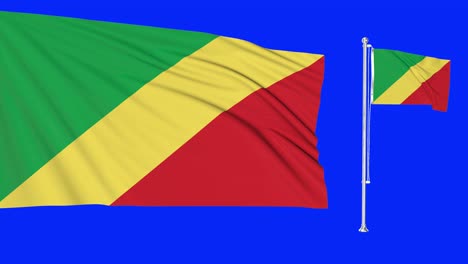 green screen hiper realistic loop of republic congo two flags waving in the wind congolese flagpole fluttering with highly detailed fabric texture animation 4k 3d chroma key