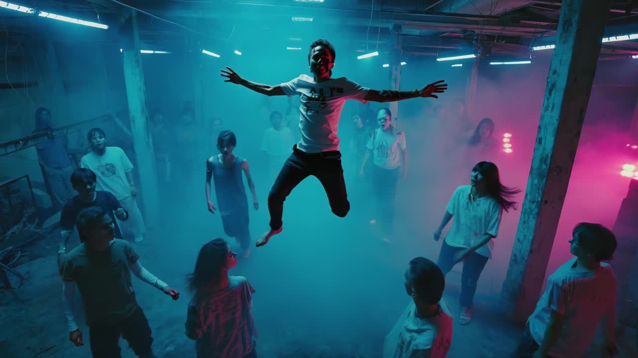 Man jumping in a neon-lit smoky room surrounded by people