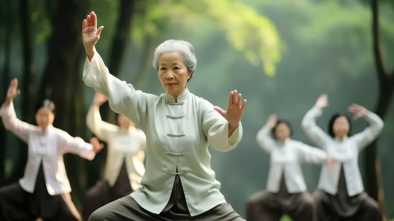 A serene video scene of elderly women practicing Tai Chi in a lush park, captured from a low angle