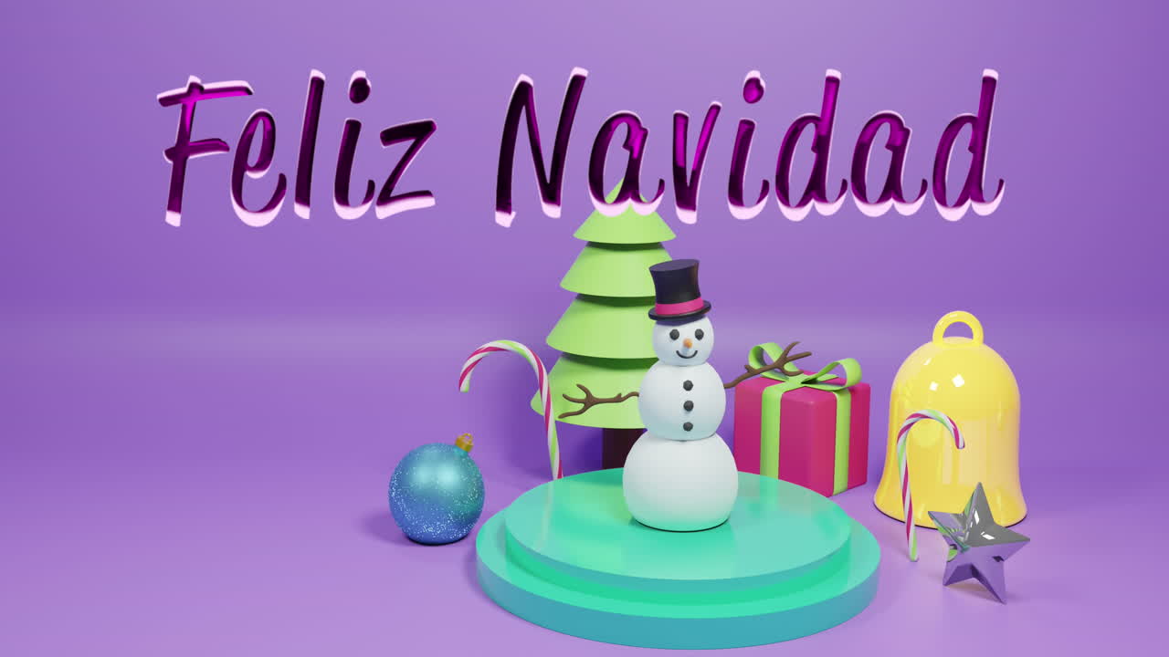 animación de texto de feliz navidad y decoraciones navideñas en fondo púrpura