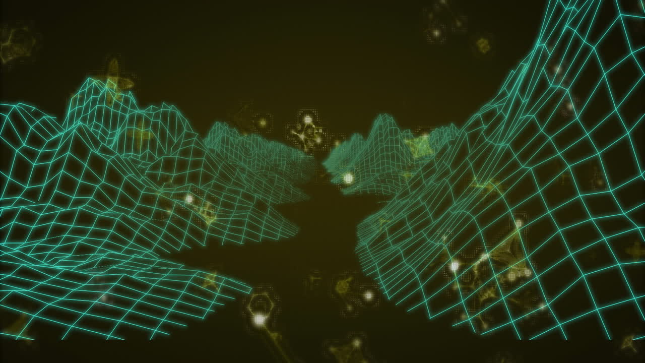 Animation of molecules over digital mountains on black background