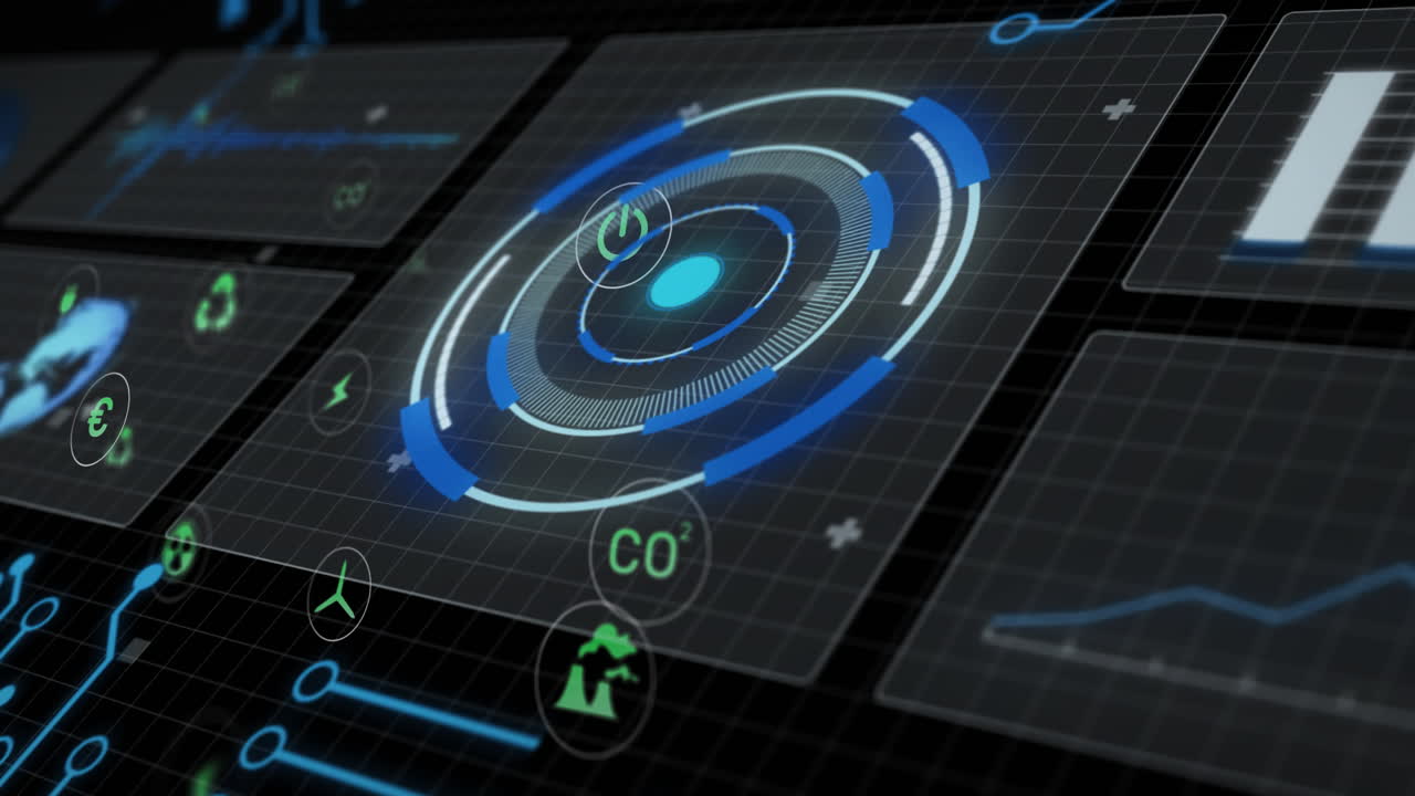 Displaying animation of futuristic digital interface with circular graphs in school