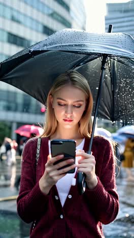 rainy city scene with a young woman walking to work.