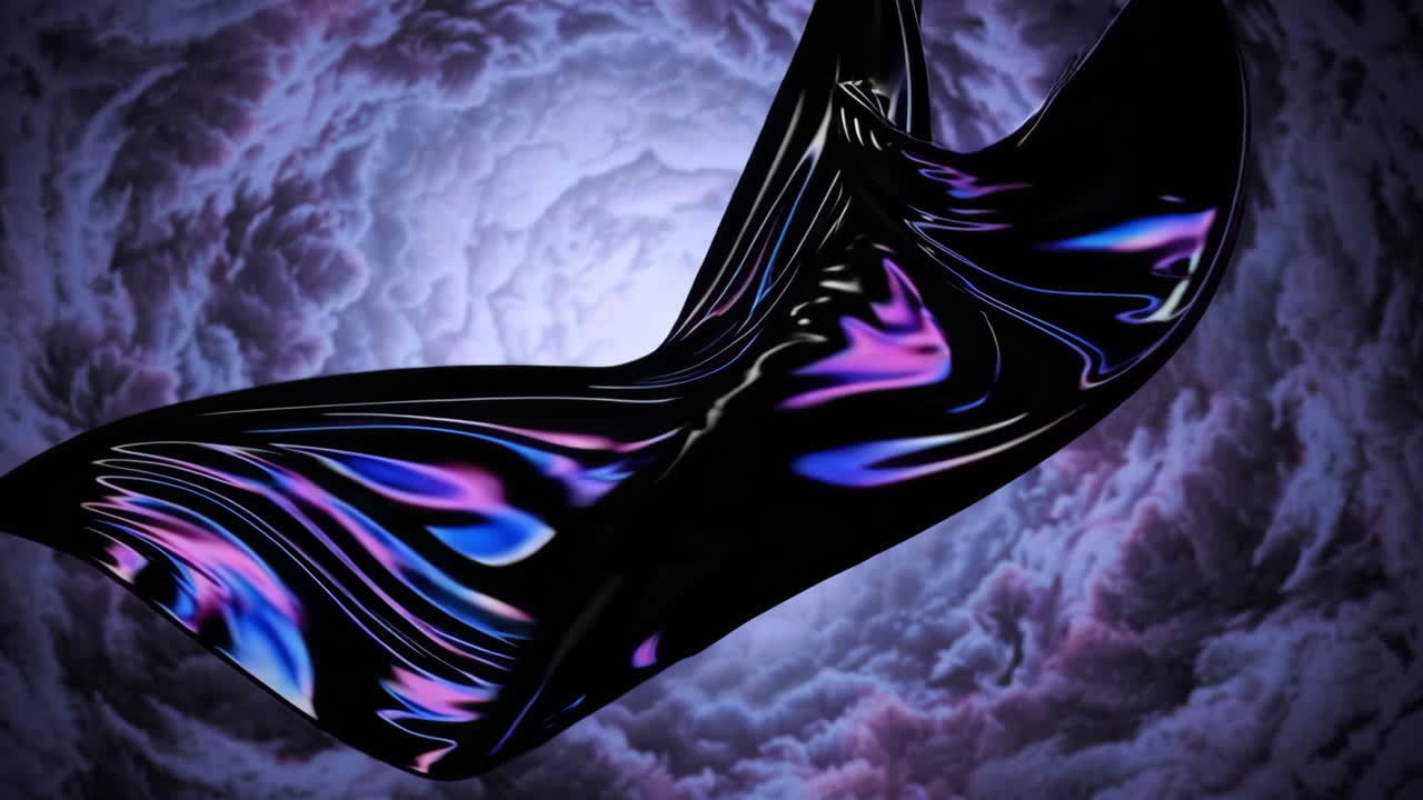 Forma Astratta Iridiscente Dinamica su Sfondo Viola Vorticoso