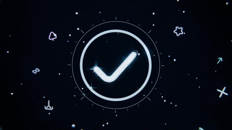 Rotating curved strokes forming glowing checkmark with ring on starfield, signaling confirmation