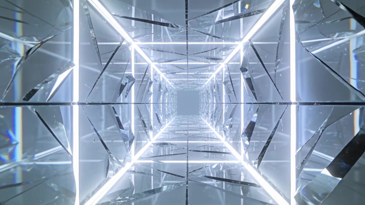 Camera advancing through mirrored tunnel revealing nested lit frames and shards to vanishing point