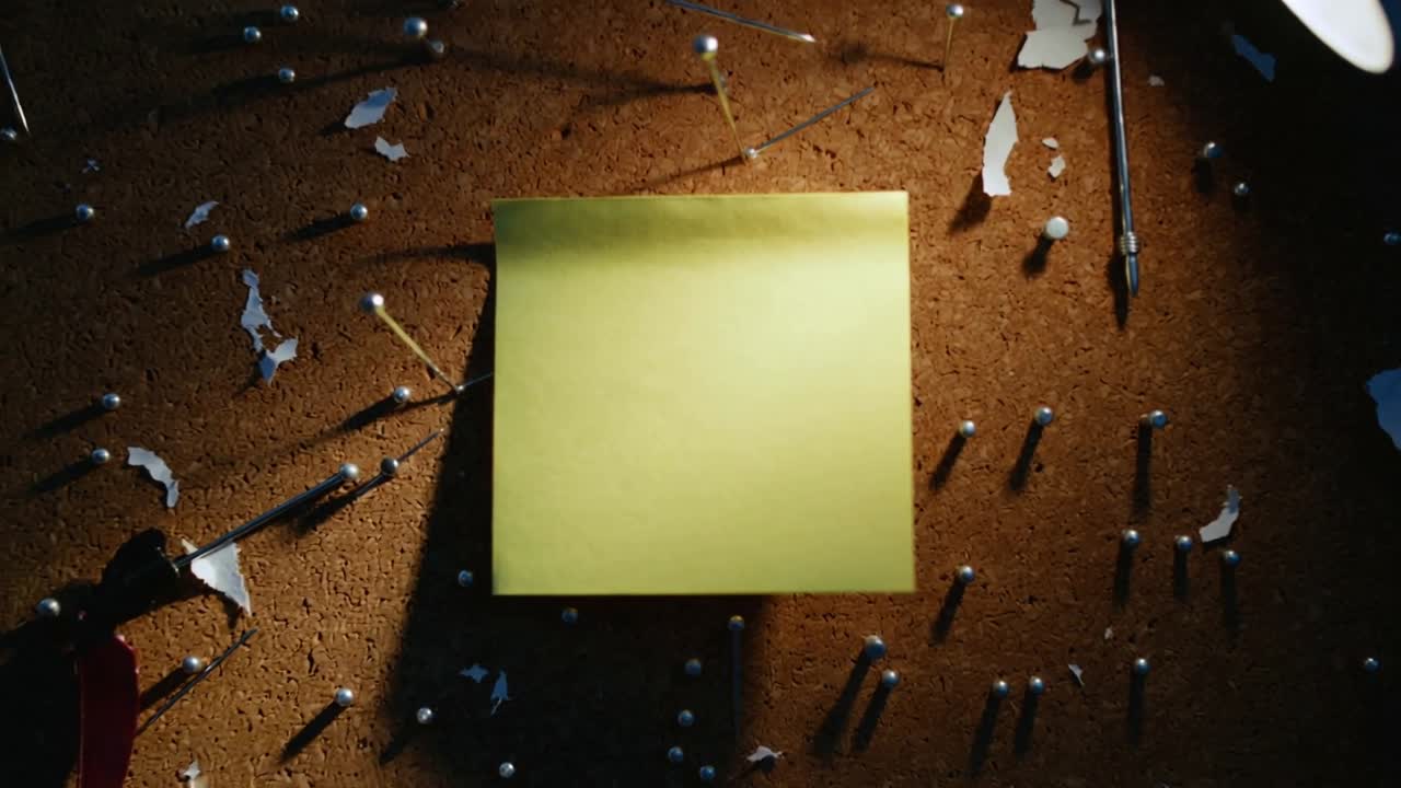 Câmera se aproxima, mostrando um post-it amarelo em uma mesa de artesanato, revelando um quadro de cortiça e alicates.