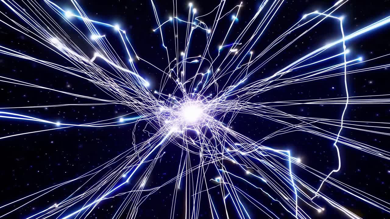 Dynamic motion sequence of glowing blue lines converging and expanding in a starry cosmic backdrop, illustrating the flow of energy through space and time
