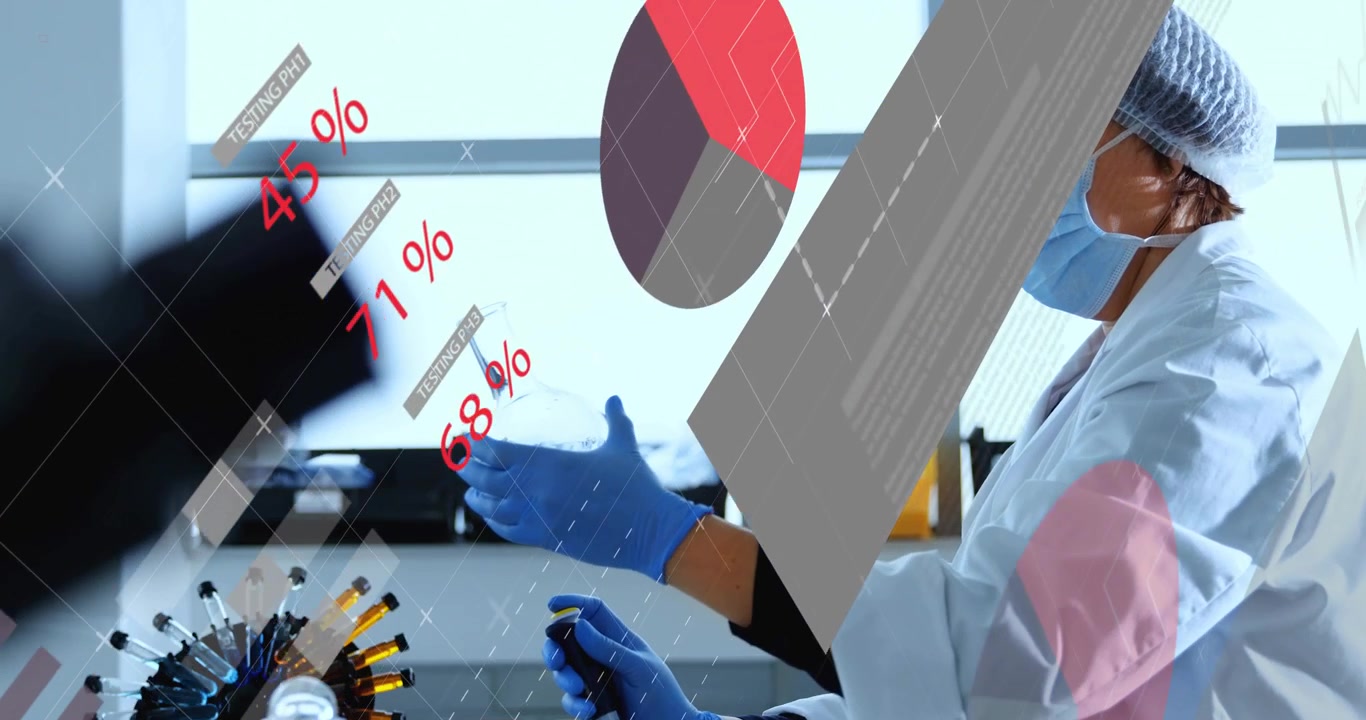 Lab tech pipetting samples for diagnostics at bench, data panels sweeping in overlaying charts