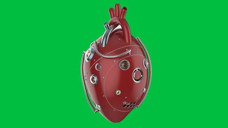 3d rendering red robotic heart isolated on green screen background