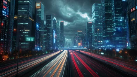 futuristic night city skyline with blurry traffic