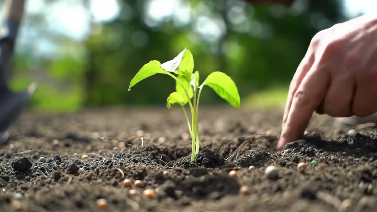 Nurturing Growth: A Close-Up of a Hand Carefully Planting a Young Seedling into Rich, Fertile Soil, Emphasizing the Importance of Gardening and Nature's Cycle
