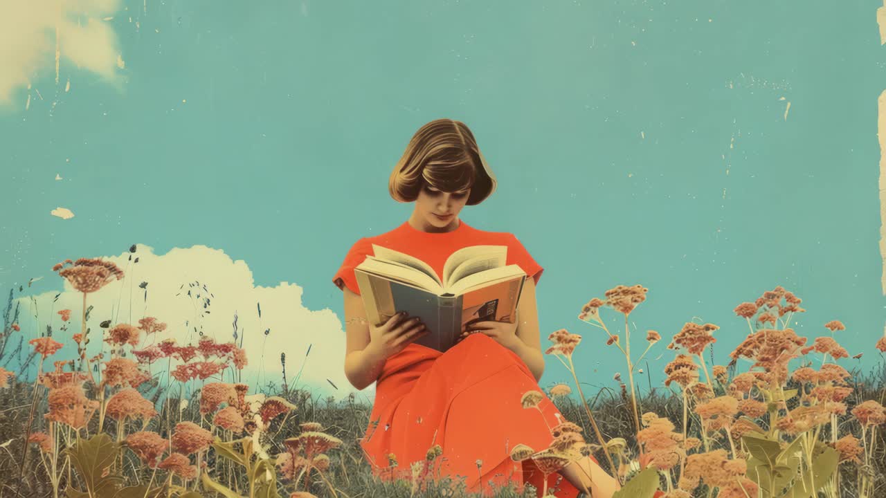 A vintage-style video still of a woman reading in a field of flowers