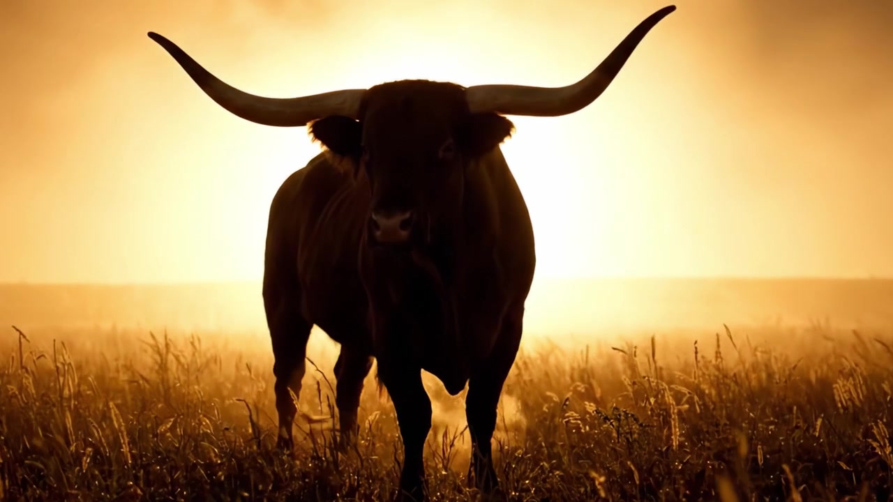 Una silhouette maestosa contro la gloriosa alba: un toro potente si erge fiero tra le spighe dorate di un campo nebbioso mentre il giorno inizia.