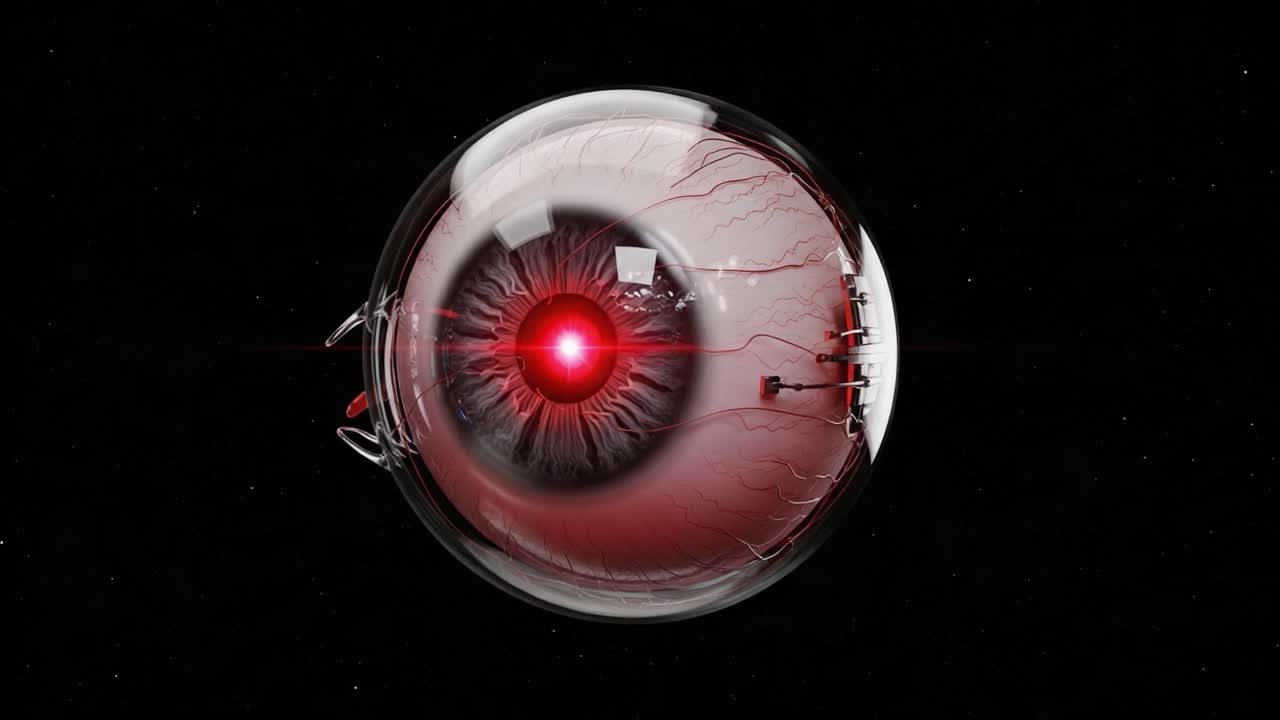 A captivating close-up view of a futuristic biomechanical eye featuring intricate blood vessels and a glowing red core, set against a dark background that highlights its surreal design