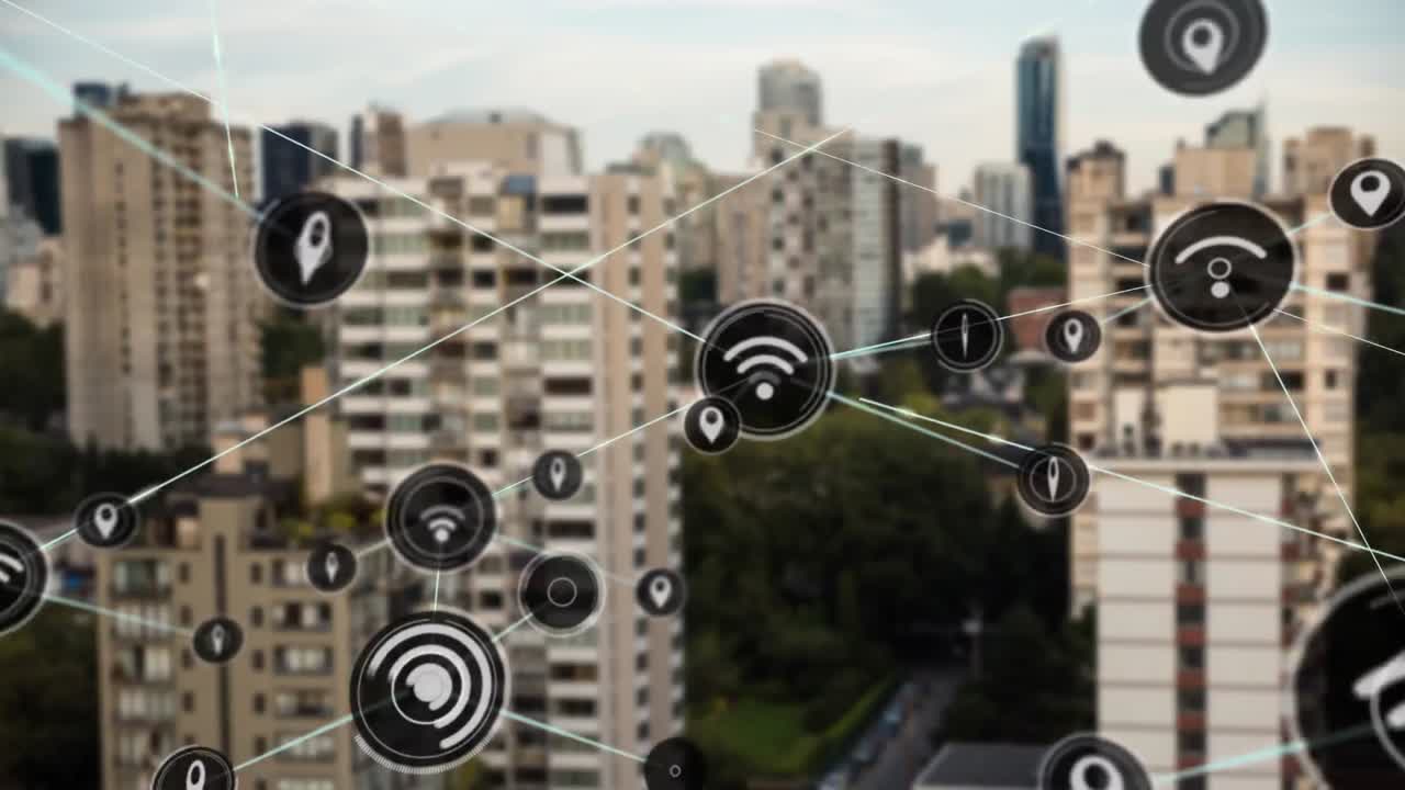 animación de la red de conexiones con iconos sobre el paisaje urbano