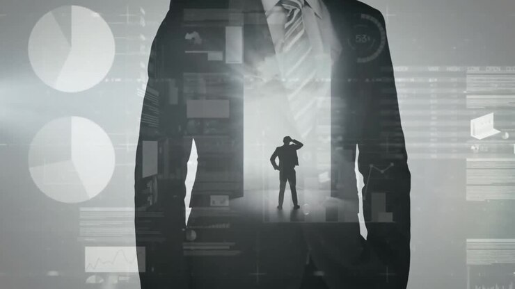 Animation of men silhouettes over data processing on digital screen