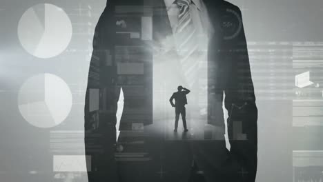 animation of men silhouettes over data processing on digital screen