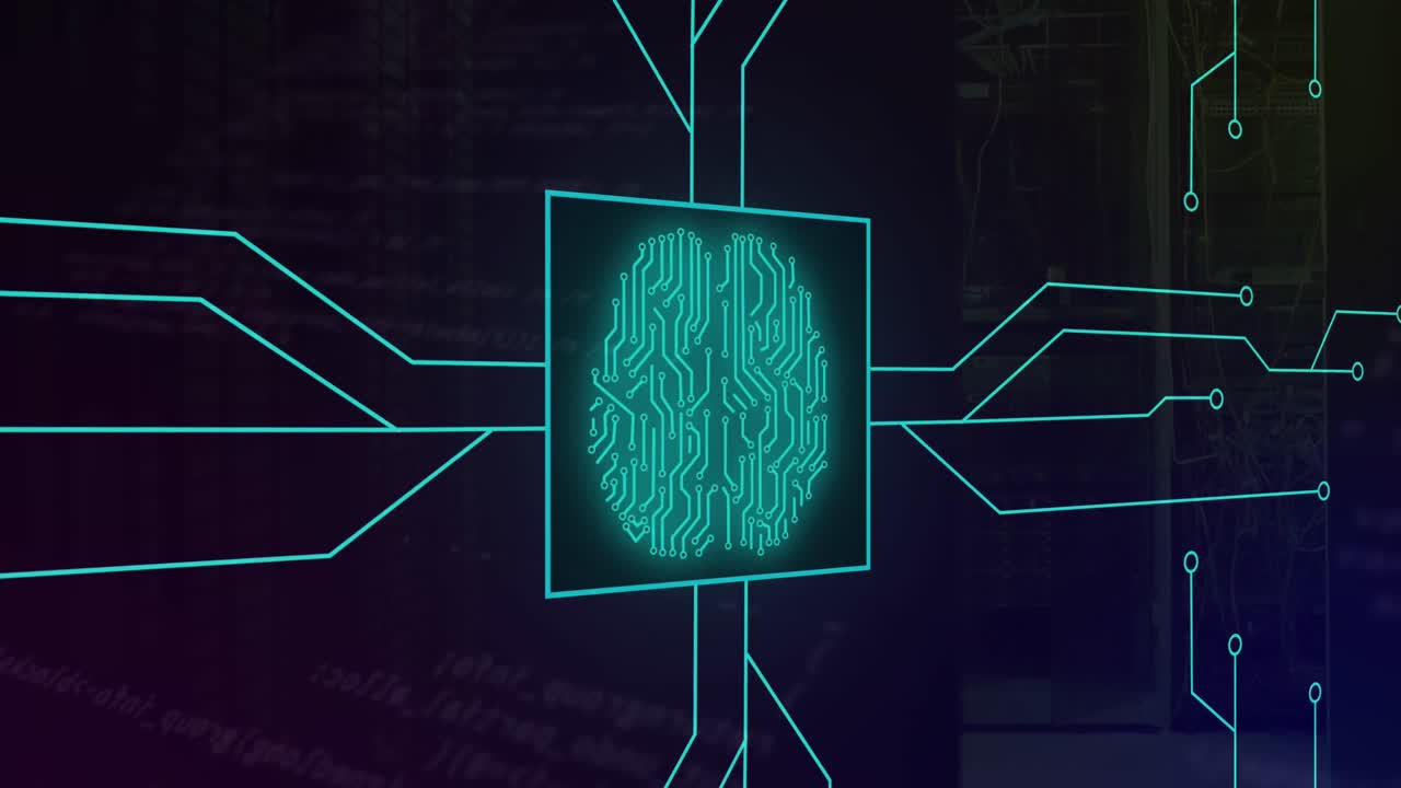 Animation of circuit board pattern around brain over computer language against server room