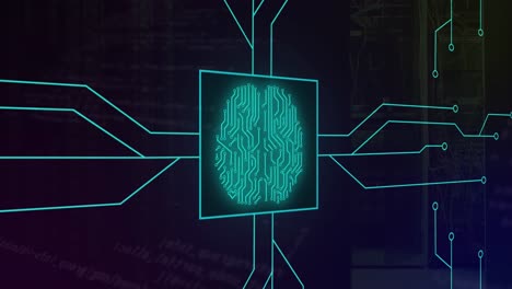 animación del patrón de la placa de circuito alrededor del cerebro sobre el lenguaje de la computadora contra la sala de servidores