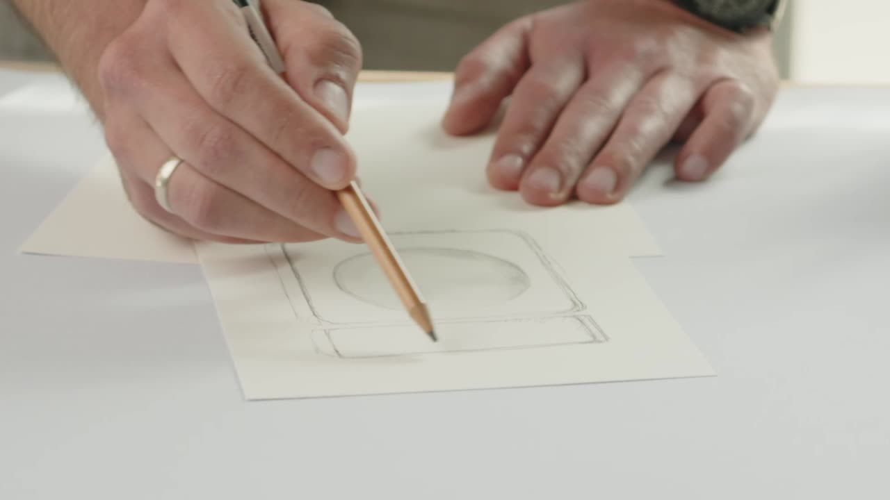 The designer draws a sketch on the cardboard - the packaging design process. Tilt-up revealing shot.