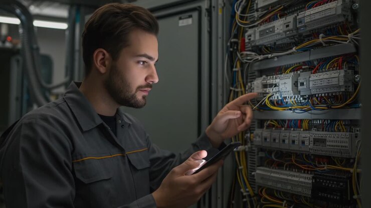 En tekniker undersøger komplekse elektriske systemer, mens vedkommende bruger en smartphone til reference og dataanalyse, hvilket sikrer optimal ydeevne og problemløsninger.