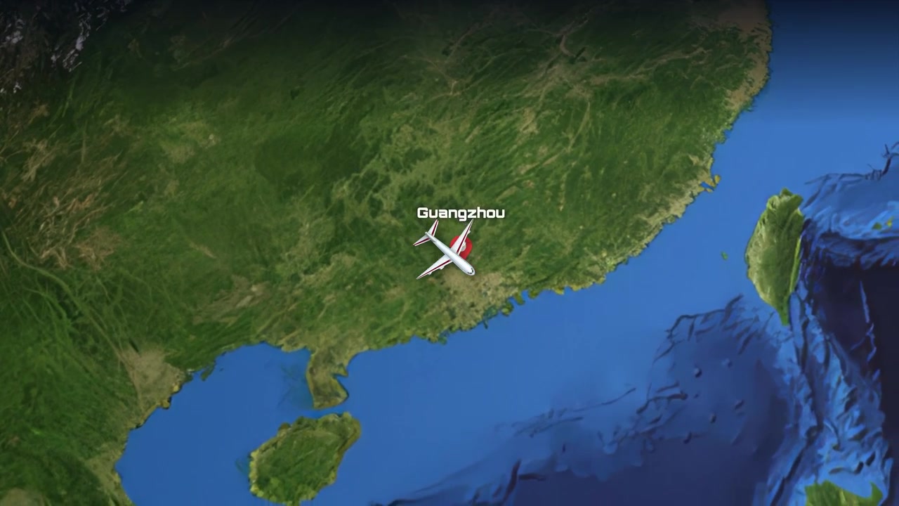 Et kommersielt fly flyr over en realistisk 3D-globus fra Barcelona til Guangzhou med etiketter.