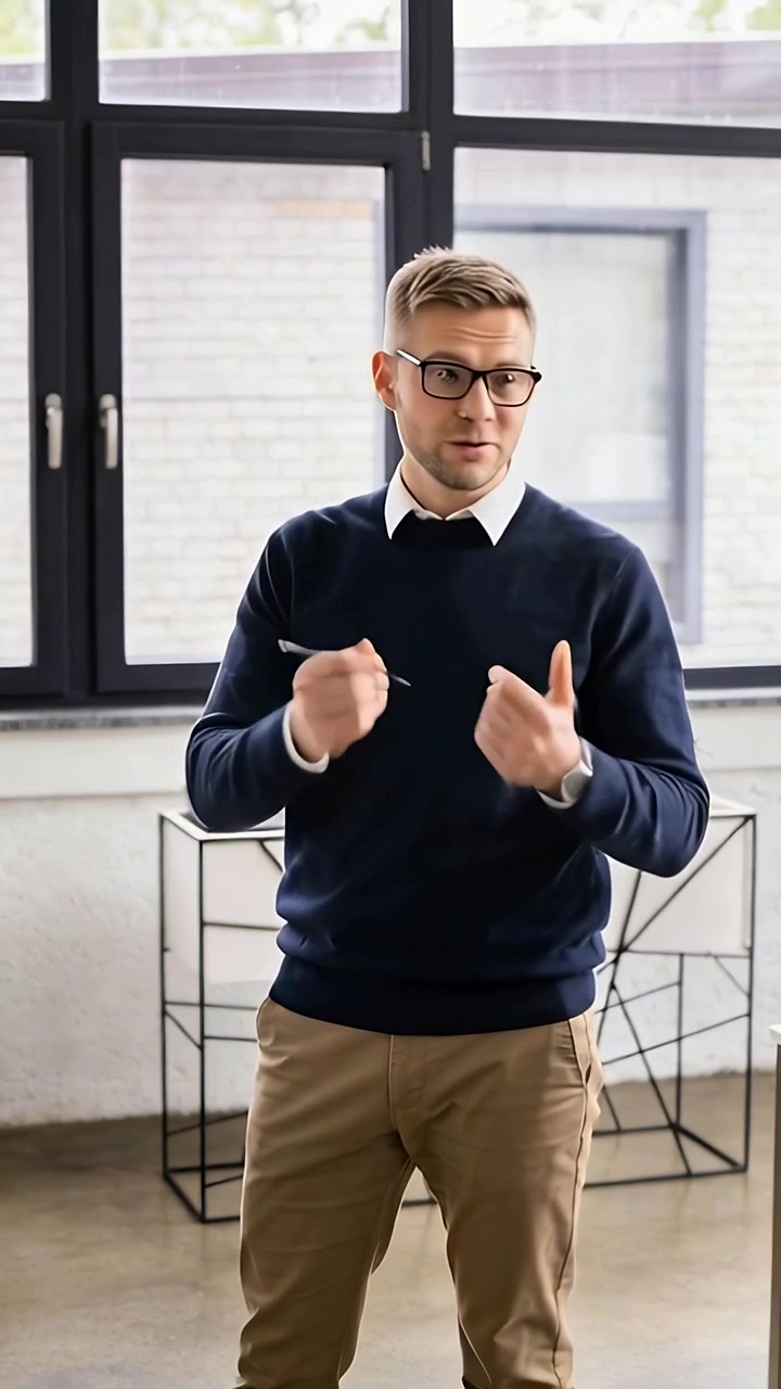 Video verticale: Uomo in maglione blu scuro che inizia a parlare a una riunione, indicando una finestra con un puntatore.