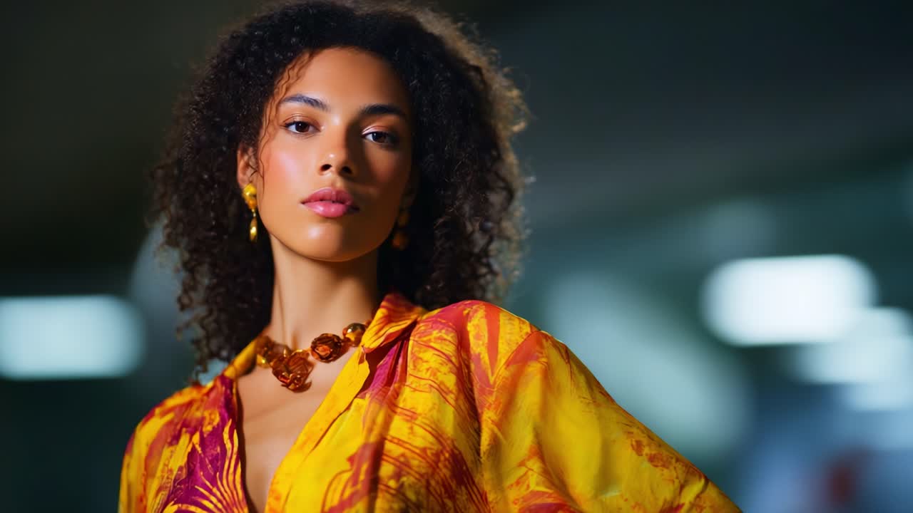 Betagende portræt af en fashion model i strålende gult og rødt tøj, der udstråler selvtillid og elegance i et stilfuldt, urbant miljø