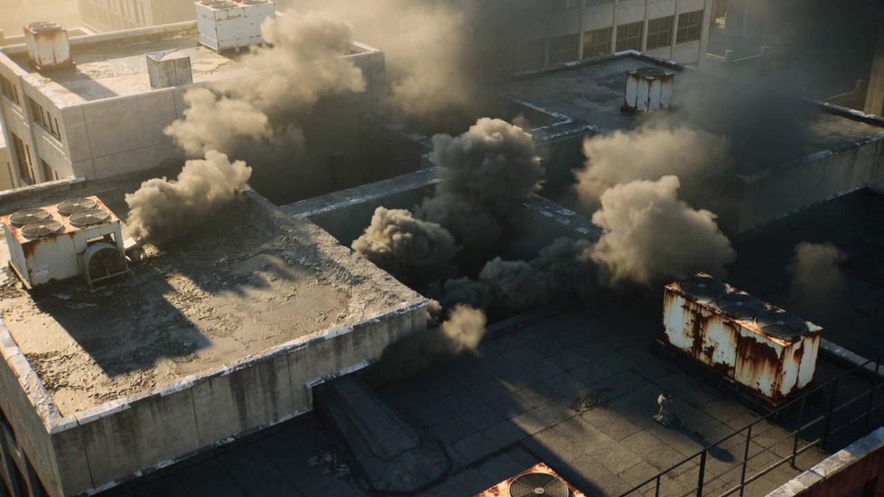 Billowing smoke from vents, rising across rooftop, with lone man near rusted HVAC watching