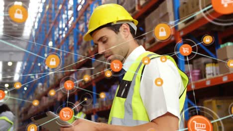 Animation-of-network-of-digital-icons-over-caucasian-male-supervisor-checking-stock-at-warehouse