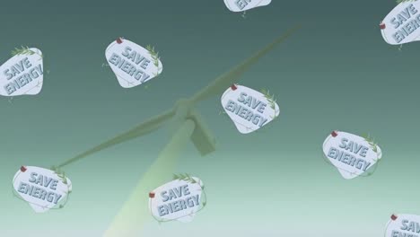 animation of save energy text with icons over wind turbine