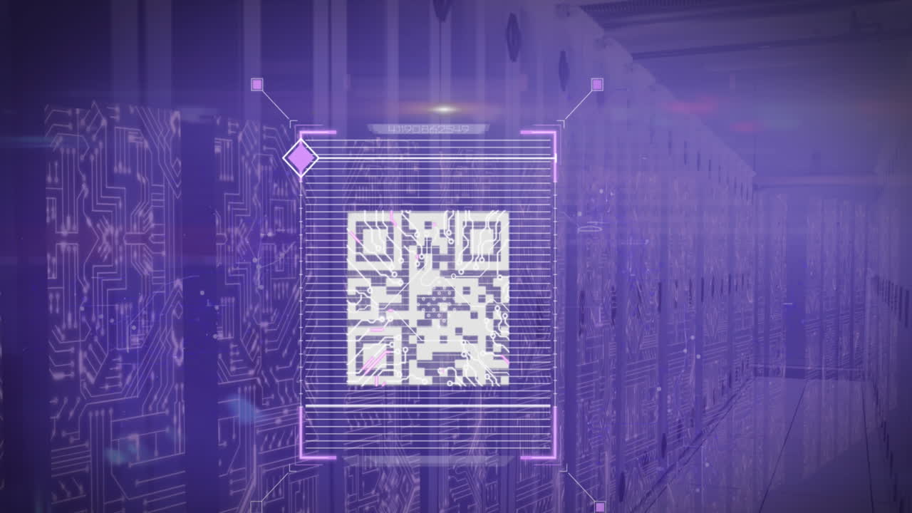 animación del escáner de código qr sobre las pantallas de las conexiones de microprocesador contra la sala de servidores