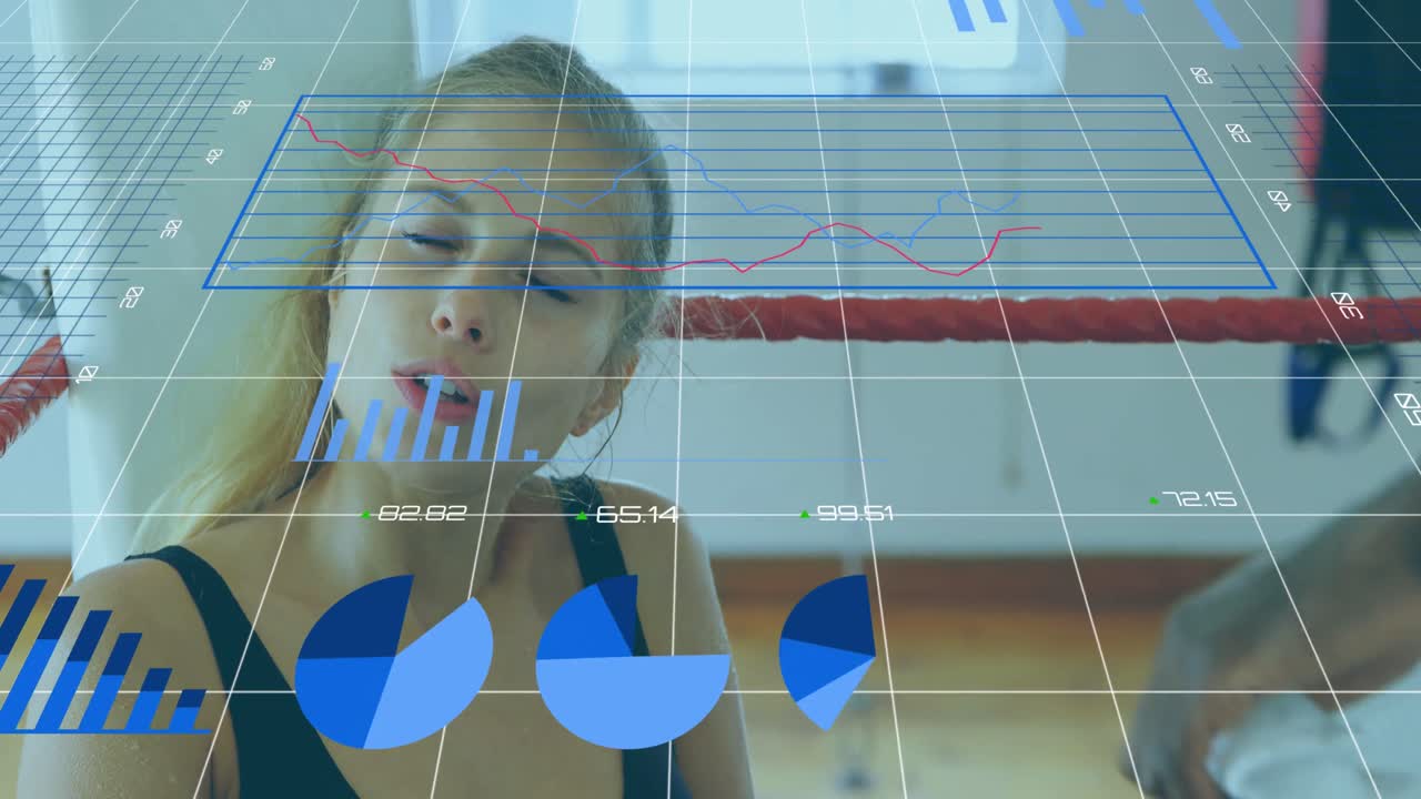 procesamiento de datos estadísticos contra el entrenador masculino agitando la toalla sobre la boxeadora