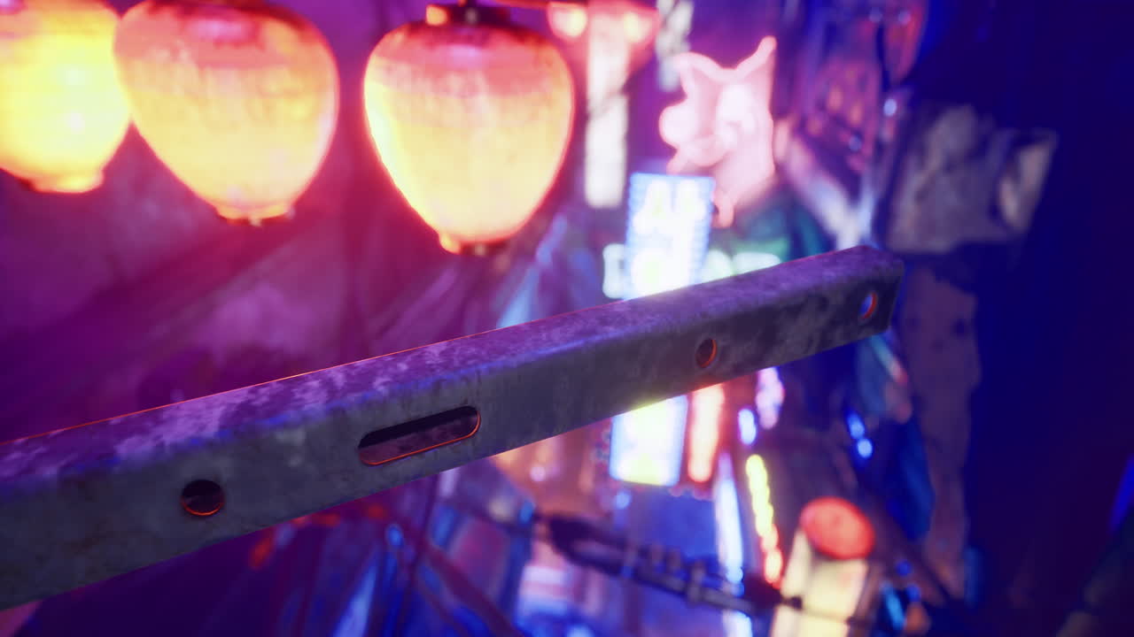 Vibrant street view with lanterns and neon lights at night in a busy area