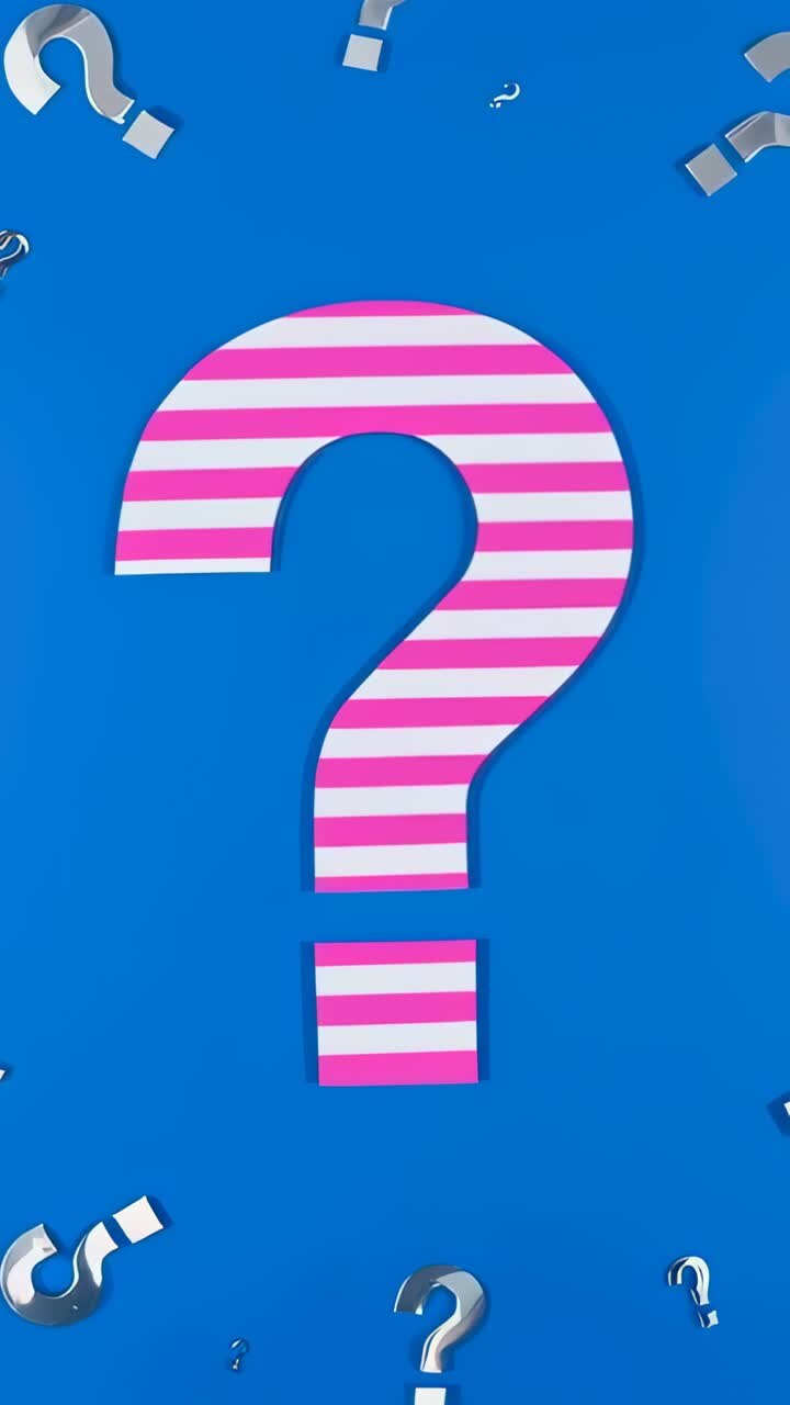 Vertical video: Starting pink-striped question mark centered on blue canvas, silver marks moving