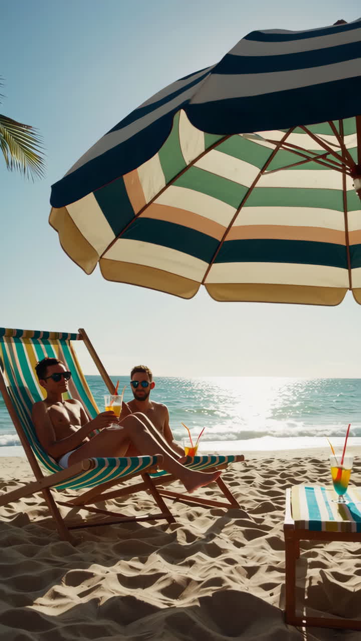 Persone che si rilassano e gustano bevande durante una vacanza al mare soleggiata