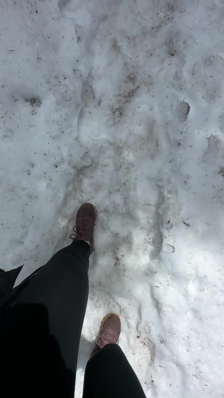 Prospettiva personale di un escursionista che cammina su un sentiero innevato durante un'escursione invernale