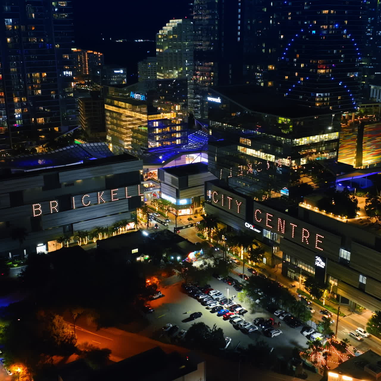 Vibrant downtown of Miami, Florida, USA at night. Lively view of the city from top.