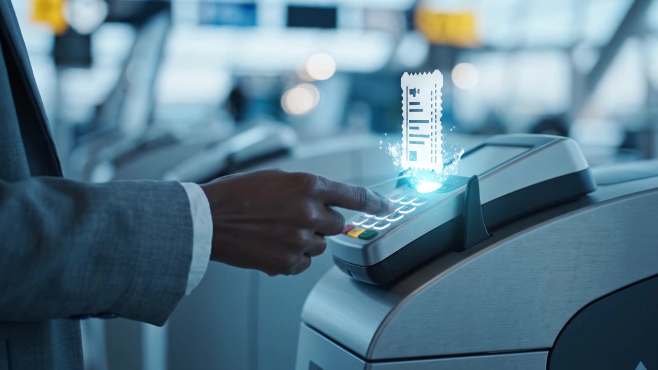 Passenger Using Contactless Payment to Check-in at an Airport Terminal with Electronic Kiosk and Modern Technology for Efficient Travel Experience