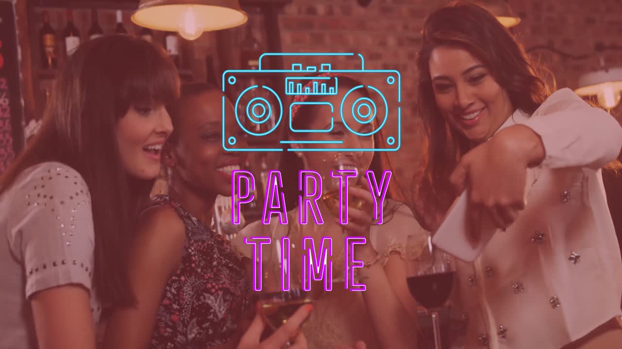 Animation of party time purple neon text over diverse friends drinking and talking in bar
