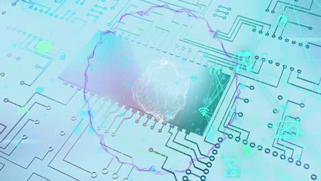 Digital-animation-of-globe-of-digital-icons-spinning-against-microprocessor-connections