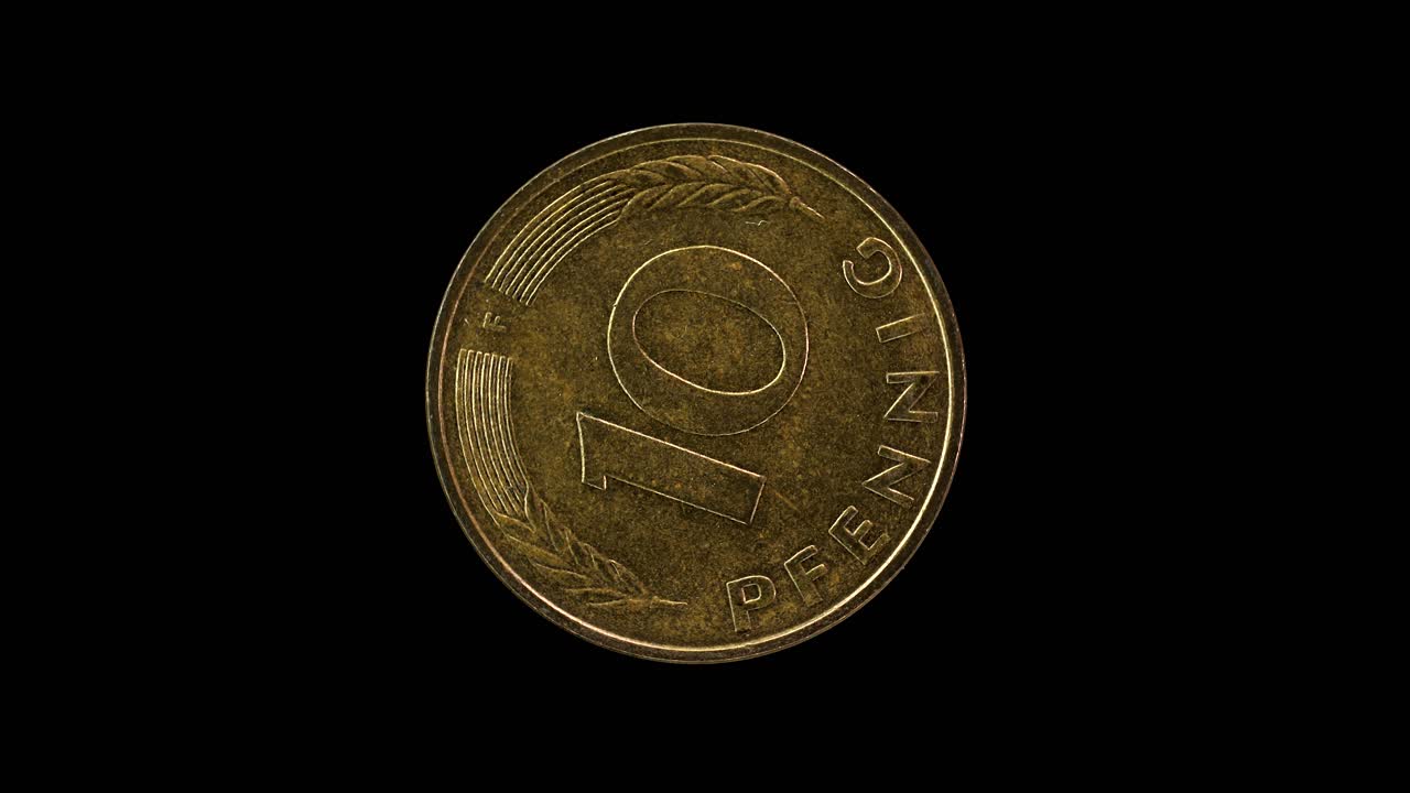 Germany 10 pfennig 1979 reverse with large numeral denomination macro loop on black background